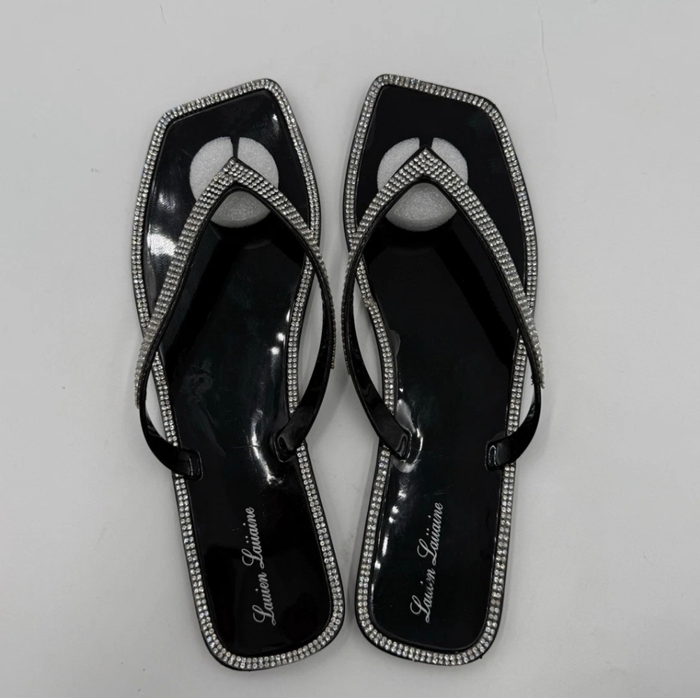 Lauren Lorraine Jellys Thong Sandal Square Toe W10 Rhinestones Tampa Black NEW - Picture 4 of 4